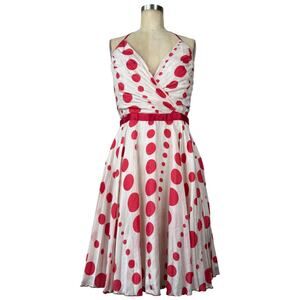 Y2K Romantic Coquette Silk Red Polka Dot Halter Dress size 10